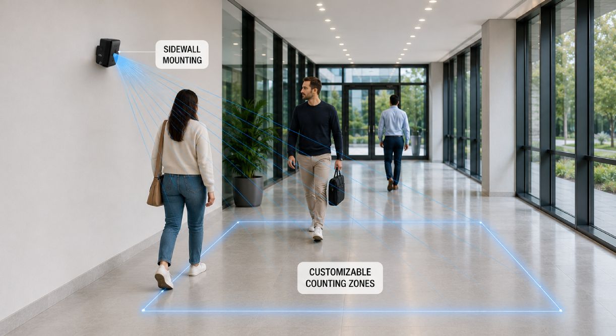 SensMax TAC-B EWP tutka-anturi henkilölaskentaan sivuseinäasennuksella